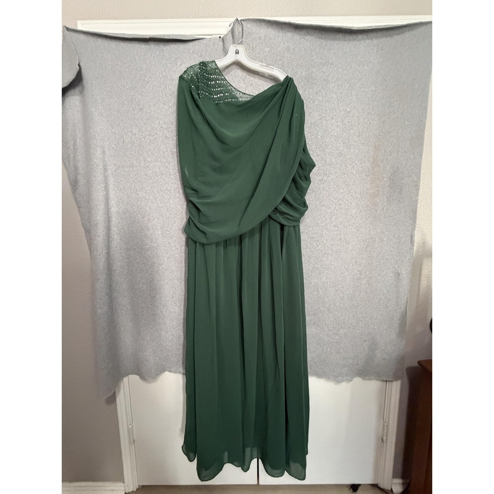 Azazie Dress Womens 26 Green One Shoulder Sequin Chiffon Maxi Bridesmaid Formal